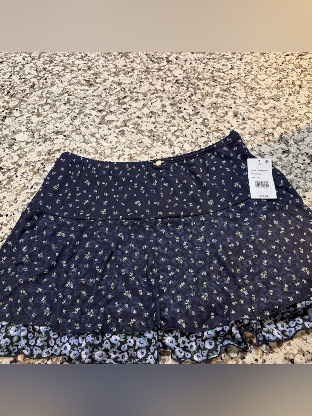 Navy  Floral A-Line Skirt in Yellow Accent